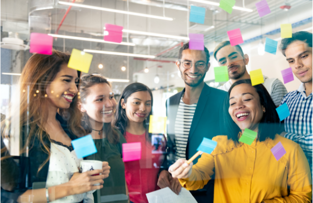 Team using post it notes