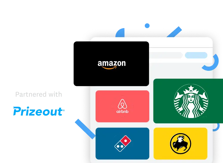 SurveyMonkey partnered with Prizeout, showing brand reward cards from popular merchants