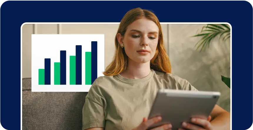 Woman reading research blog posts on a tablet, next to four blue and green bar charts